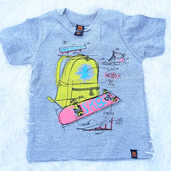 Round Neck Grey Tee for Kids Cool Skateboard & Backpack Graphic Print - Picture 1 of 4